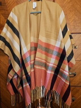 Woolrich OSFM Plaid Nova Check Striped Fringe Poncho in Mustard and Coral